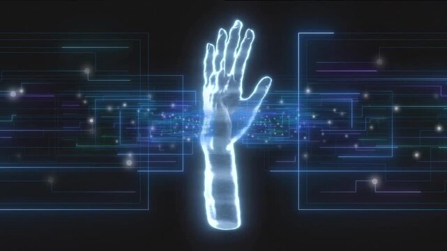 high technology plexus hand hologram abstract background animation, handprint, fingerprint, virtual reality concept