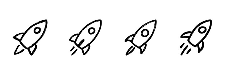 Rocket Launch Sequence Line Icon Set In Doodle Style. Startup Growth, Innovation, And Progression Outline Sketch Collection. Hand Drawn Isolated Vector Illustration