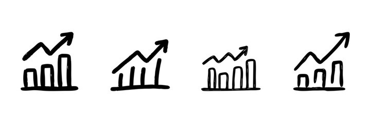 Bar Chart With Upward Arrow Line Icon Set In Doodle Style. Business Growth, Financial Success, And Economic Progress Outline Sketch Collection. Hand Drawn Isolated Vector Illustration