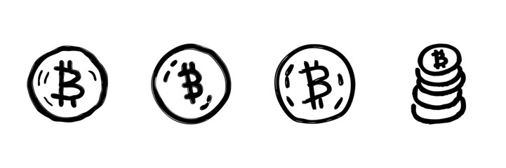 Bitcoin Cryptocurrency Coin Line Icon Set In Doodle Style. Digital Currency, Blockchain, And Investment Outline Sketch Collection. Hand Drawn Isolated Vector Illustration