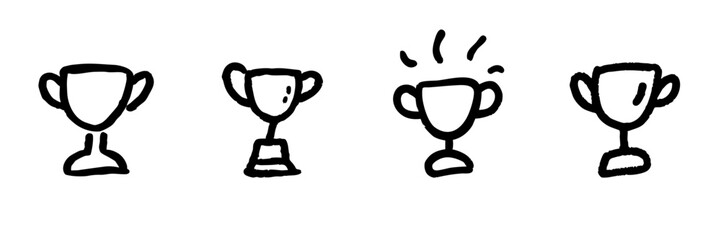 Trophy Cup Line Icon Set In Doodle Style. Achievement, Success, And Award Recognition Outline Sketch Collection. Celebration And Victory Symbols. Hand Drawn Isolated Vector Illustration