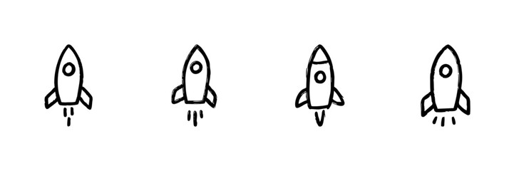 Rocket Launch Line Icon Set In Doodle Style. Space Exploration, Innovation, And Startup Growth Outline Sketch Collection. Hand Drawn Isolated Vector Illustration