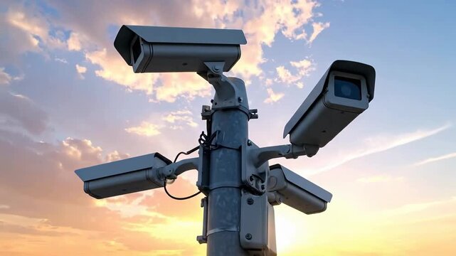 Security Camera Array Mounted on Pole Against a Colorful Sky During Golden Hour