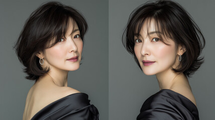 女性が落ち着いた美しさで正面に立つ