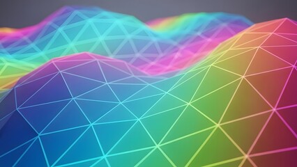 Abstract Geometric Landscape: Vibrant Rainbow Polygon Mesh Network, Futuristic Digital Art, 3D Rendering, Low Poly Style
