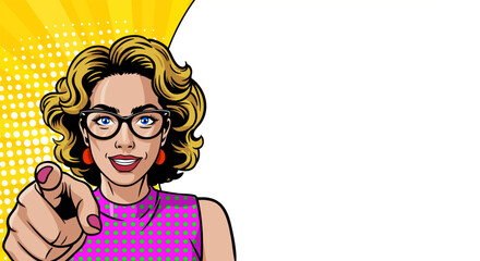 Fototapeta premium Woman with a blank banner. Pop art, retro comic.
