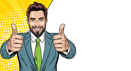 A businessman demonstrates that everything is fine with a blank banner. Pop art cartoon.