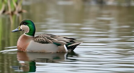 A beautiful male duck with vibrant green plumage glides gracefully across calm water.