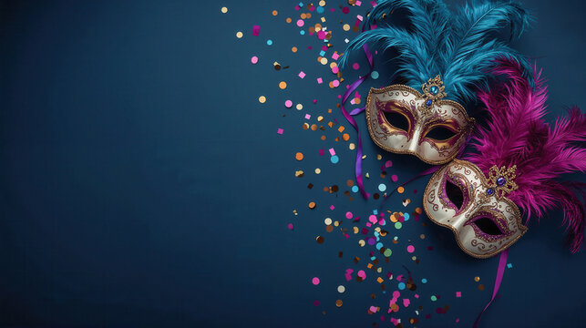 Due maschere di carnevale veneziane con piume e coriandoli su sfondo blu. Generative AI