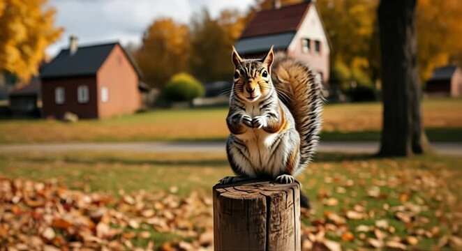 Curious squirrel perched on a wooden post amidst a vibrant autumn landscape with cozy houses.