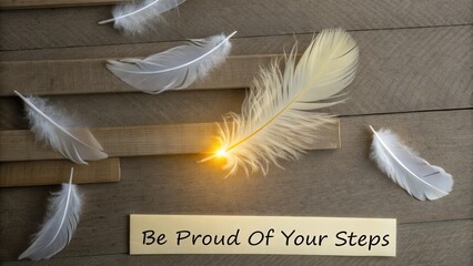 Arranged Feathers Glowing With Light Against a Wooden Backdrop