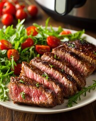Sliced Steak with Arugula and Cherry Tomato Salad on Plate