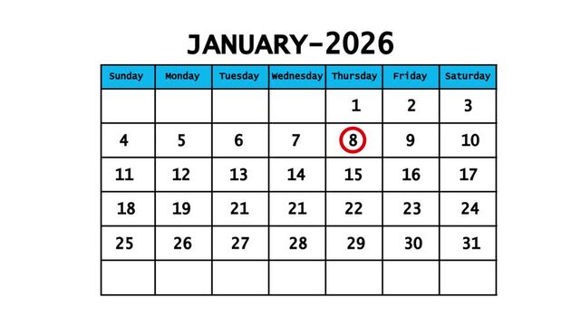 The calendar of January month 8th day is red circled, looped animation. A very important date in the calendar. Signing a day on a calendar. white background
