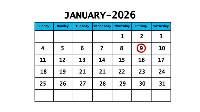 The calendar of January month 9th day is red circled, looped animation. A very important date in the calendar. Signing a day on a calendar. white background
