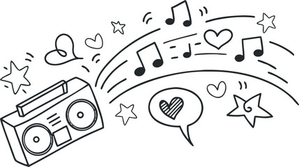 Obraz premium Hand-Drawn Megaphone Illustration with Musical Notes, Hearts, and Stars Doodle Art