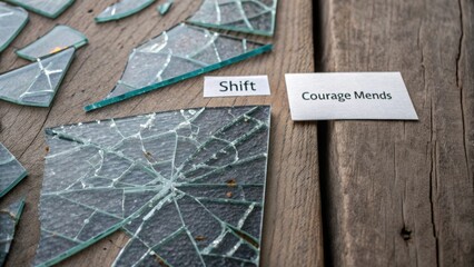 Broken glass pieces and words on wooden surface