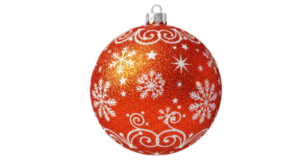 A red and gold glittery Christmas ornament with snowflakes and swirls on a white background.
