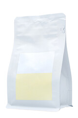 vertical view of sealed packages for bulk products with empty labels on them, for 250 grams on a white background, isolated