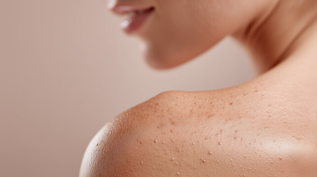 Clogged pores on shoulder skin close up showing rough texture and small bumps, highlighting common skin condition with natural lighting and soft focus on facial profile
