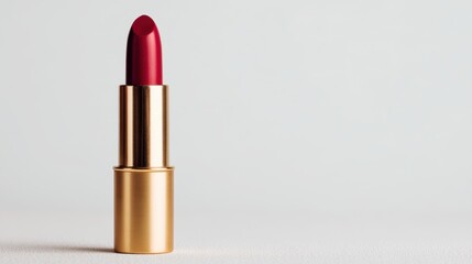 Applying red lipstick in gold casing beauty product showcase isolated on white background