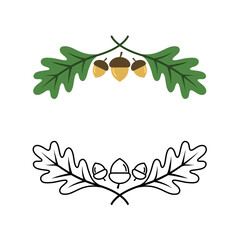 Symmetrical set of oak leaves and acorns in two styles: colored and black outline. Ideal for seasonal graphics, botanical illustrations, educational materials, and nature-themed UI elements.