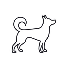 Minimalist black line icon of a dog in profile view with curled tail and pointed ears. Represents pets, loyalty, domestic animals, and canine themes. Ideal for logos, UI elements, veterinary graphics.