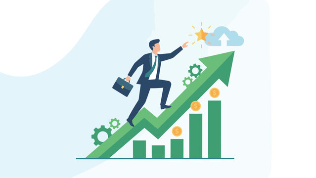 Businessman climbing arrow chart to success. Financial growth concept. Reaching star goal. Career advancement. Profit money coins. Corporate performance. Flat business vector design - Powered by Adobe