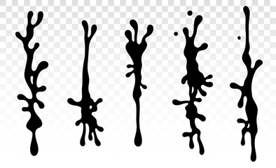 Set of five vertical black ink drip shapes with irregular contours and branching edges. Ideal for grunge-style design, horror themes, artistic textures, and creative overlays. Digital art.