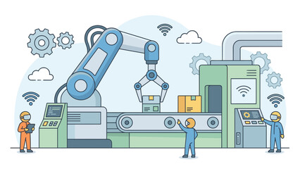 Robotics and automation concept. Robotic arm assembling products on conveyor belt. Tiny engineers monitoring smart factory. Industrial manufacturing. Industry 4.0 production line.