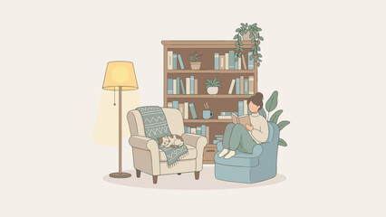 Woman reading in cozy nook with sleeping cat on armchair. Home library interior with wooden bookshelf, plants and lamp. Relaxation, hygge and study concept. Flat vector illustration.