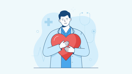 Doctor holding big red heart symbol with care, cardiology and healthcare love concept, compassionate medical support, hospital cardiologist illustration, heart disease prevention, health insurance