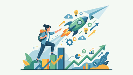 Young entrepreneur woman launching startup rocket. Business growth concept success. Career climbing steps. Financial progress innovation. Paper plane strategy goal. Achievement vector