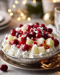 Ambrosia fruit salad in a decorative bowl on a table