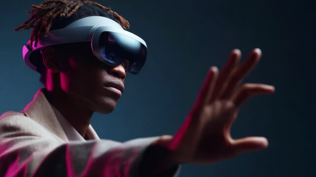 Exploring New Dimensions: A Young Man Engaged in Virtual Reality, Demonstrating Immersive Technology with Headset and Gestural Interaction in a Vibrant Atmosphere