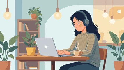 Young woman freelancer working remotely on laptop in cozy coffee shop. Student studying with headphones. Digital nomad girl in cafe. Remote work concept. Online business education.