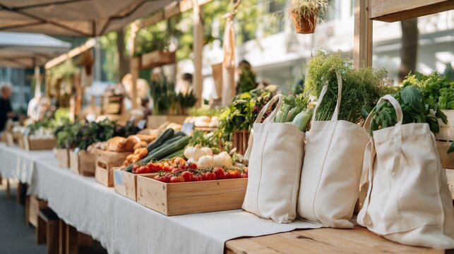 Fresh produce market with various vegetables and bags at outdoor stalls on sunny day
