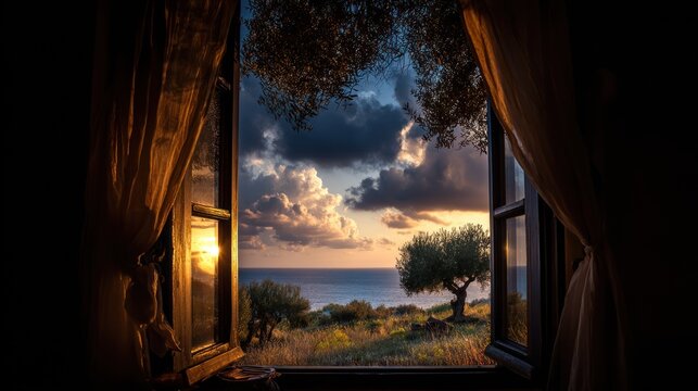 Evening view through open window with serene landscape and sky