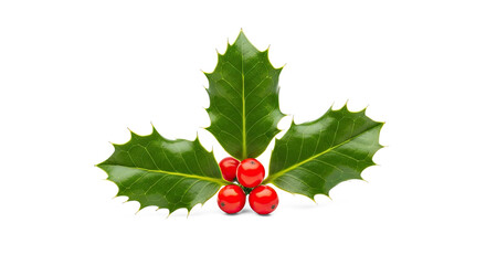A Christmas holly berry with green leaves and red berries on a white background.