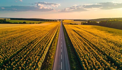 Long straight road through golden wheat fields at sunset.