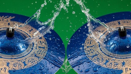 Cymbals being played with splashing water on a green background