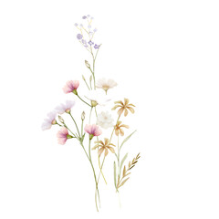 Fototapeta premium Watercolor elegant wildflower bouquet with soft pastel blooms on black background