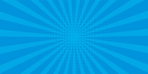 Comic background. Pop art texture. Starburst cartoon style. Anime design with explosion effect for print. Fun dot pattern. Blue backdrop with halftone gradient.