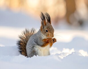Fototapeta premium Squirrel in the Snow, Winter Scene, Wildlife, Nature, Focus.