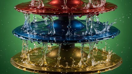 Colorful fountain display with water droplets falling from circular tiers in red, blue, and gold against a green background