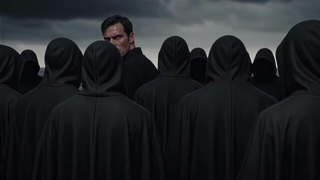 A man stands in a circle of faceless hooded men