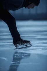 Male speed skater in motion on outdoor ice rink at dusk