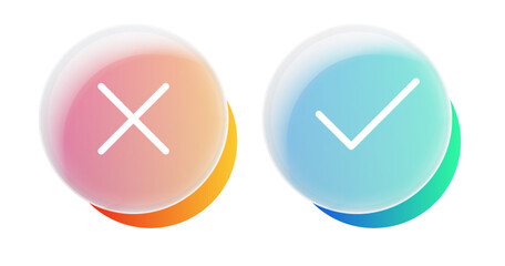 Glassmorphism no yes button template modern UI design element smartphone interface for app, mobile display, game, banner, quiz