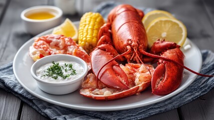 Lobster, shrimp, and sweet corn share a large plate at a lively gathering, surrounded by laughter and sunshine, embodying the spirit of a classic New England Clam Bake