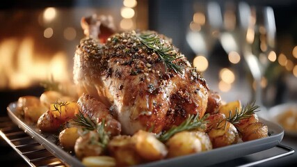 Christmas Family Dinner Roasted Chicken with Golden Potatoes