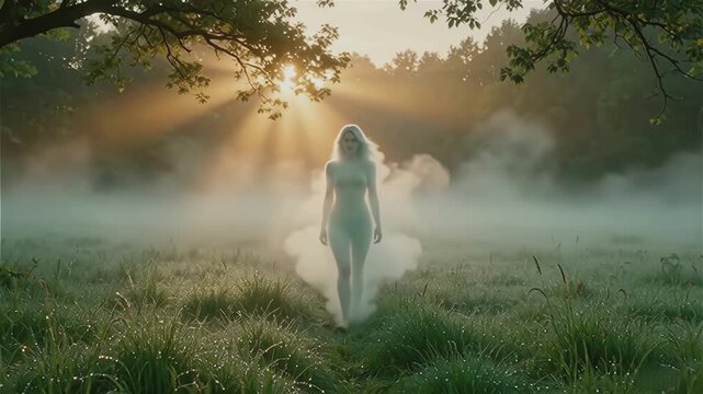 The silhouette of a slender girl created from fog, slowly walks through the morning meadow